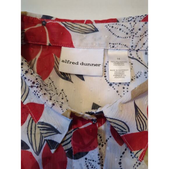 Alfred Dunner women's size 14 Sheer Button up Blouse 3/4 sleeves Red Navy Floral - Picture 2 of 6